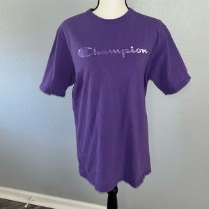 Champion Purple Graphic Logo Spell Out Vintage T-Shirt Size Large